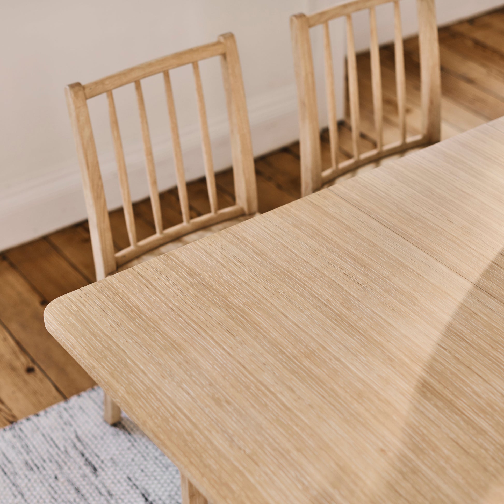 Paul 118-158cm Extending Dining Table & Tilly 150cm Wooden Bench with 2 Tilly 150cm Whitewash Oak Benches & Natural String - Laura James