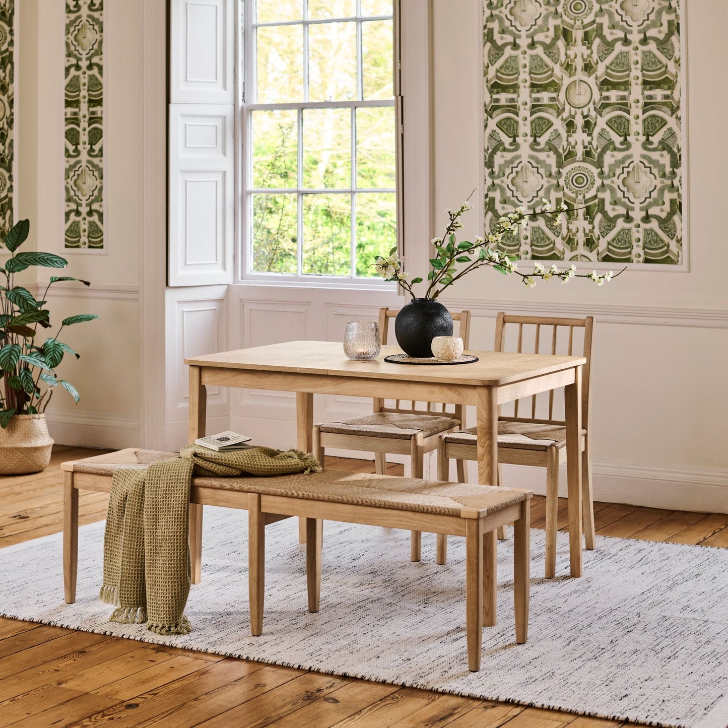 Paul 118-158cm Extending Dining Table & Tilly 150cm Wooden Bench with 2 Tilly 150cm Whitewash Oak Benches & Natural String - Laura James
