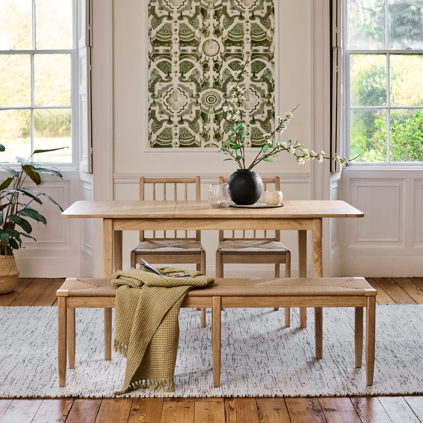 Paul 118-158cm Extending Dining Table & Tilly 150cm Wooden Bench with 2 Tilly 150cm Whitewash Oak Benches & Natural String - Laura James