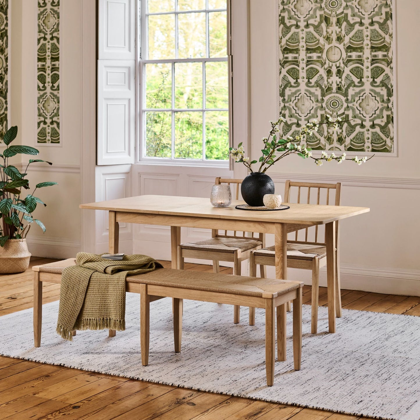 Paul 118-158cm Extending Dining Table & Tilly 150cm Wooden Bench with 2 Tilly 150cm Whitewash Oak Benches & Natural String - Laura James