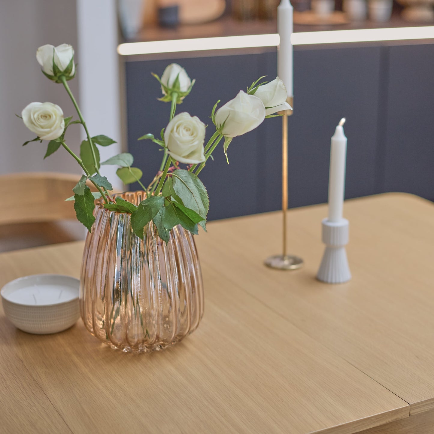 Paul Pale Oak Extending Dining Table Set - 4 Seater - Ella Fawn Linen Carver Chairs - Pale Oak legs - Laura James