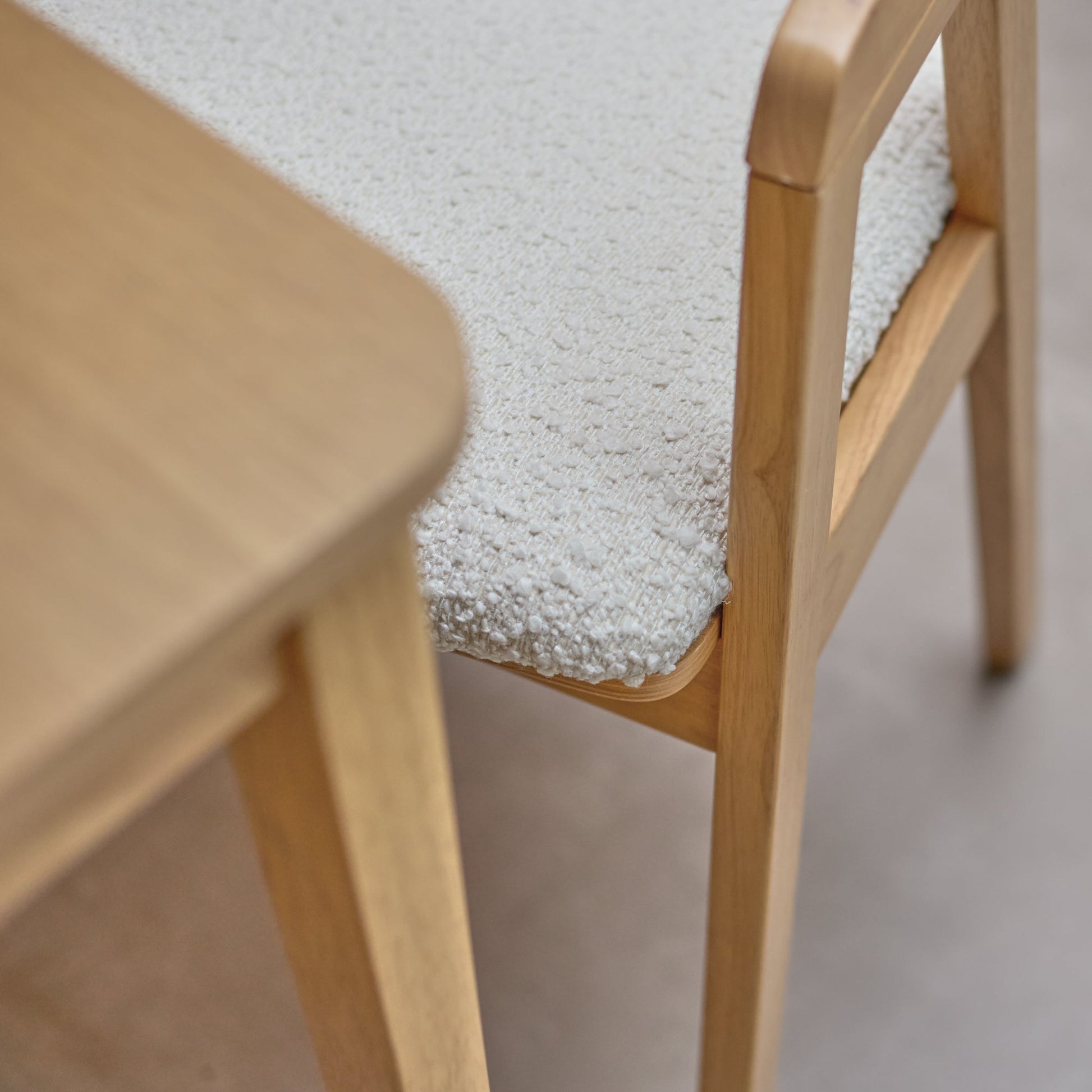 Paul Pale Oak Extending Dining Table Set - 4 Seater - Ella Off White Boucle Carver Chairs - Pale Oak Legs - Laura James