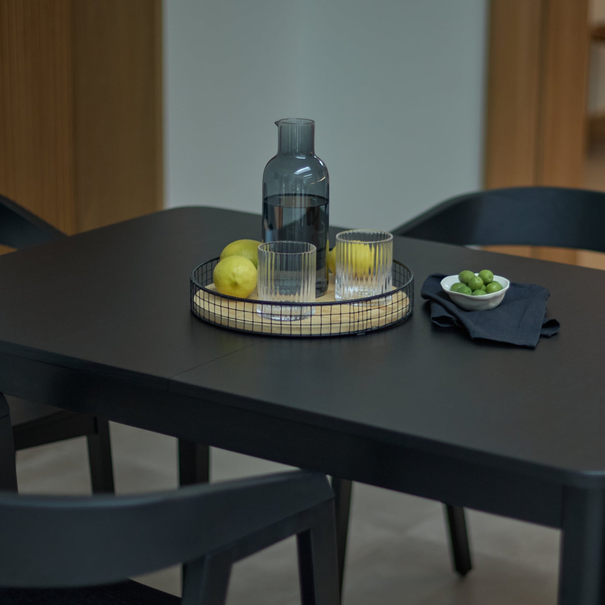 Paul Black Oak Extending Dining Table Set - 6 Seater - Ella Black Oak Carver Chairs- Laura James