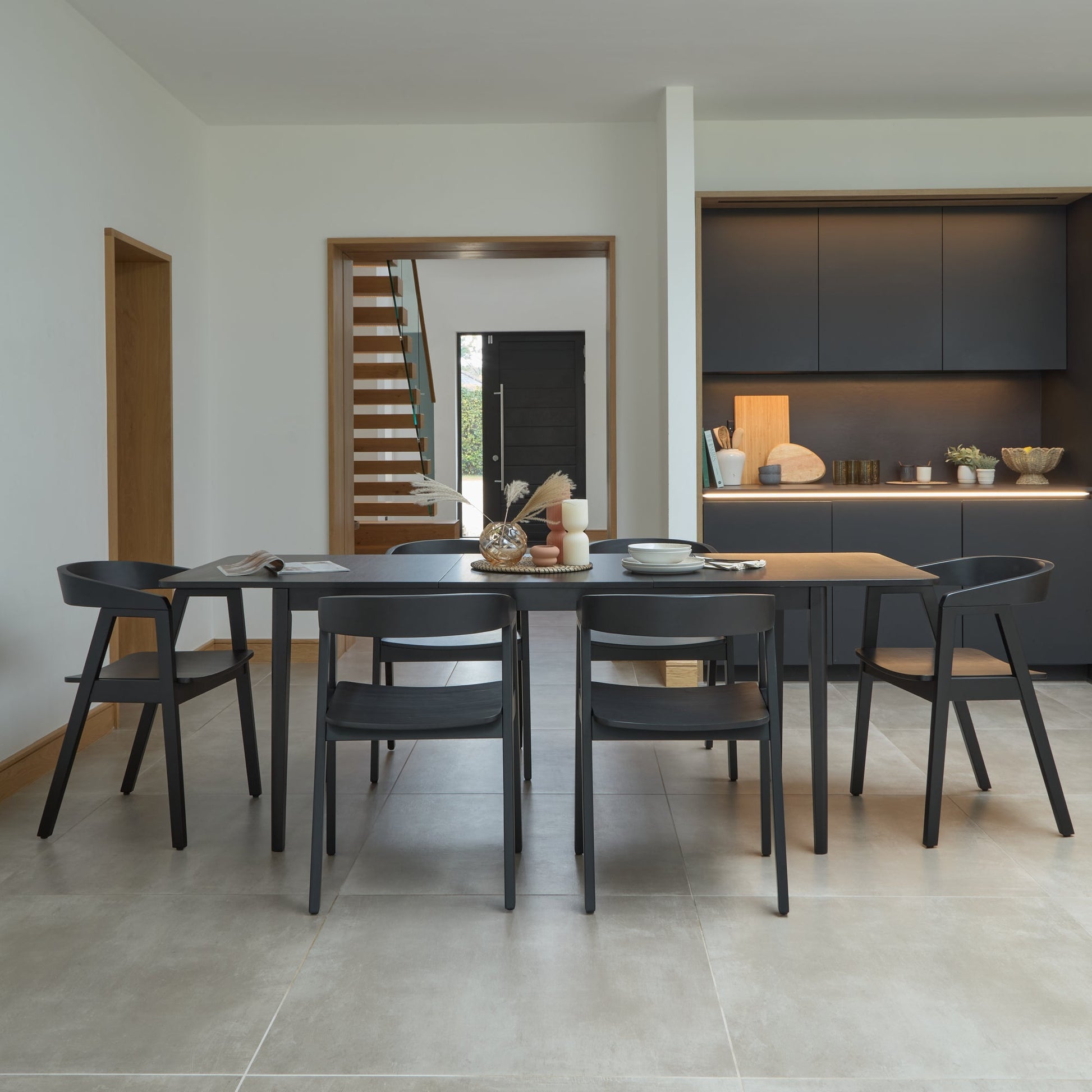 Paul Black Oak Extending Dining Table Set - 6 Seater - Ella Black Oak Carver Chairs- Laura James