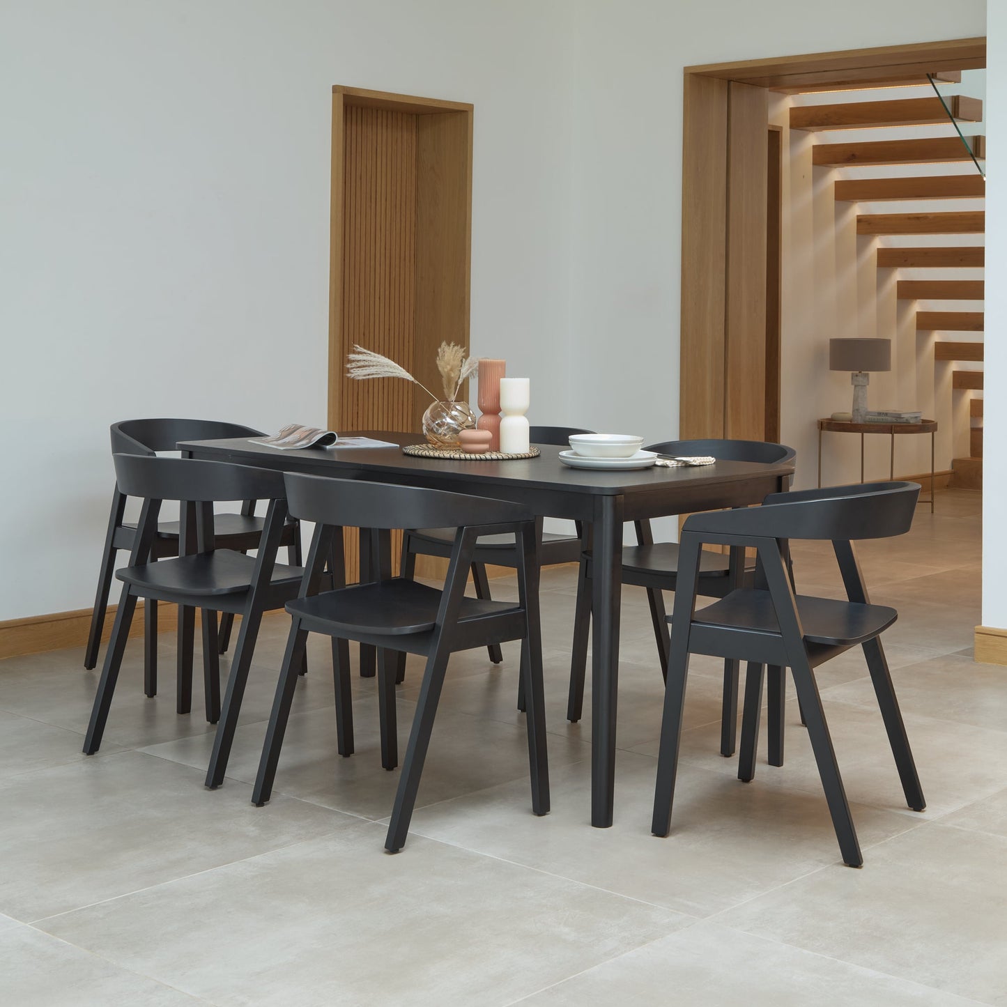 Paul Black Oak Extending Dining Table Set - 6 Seater - Ella Black Oak Carver Chairs- Laura James