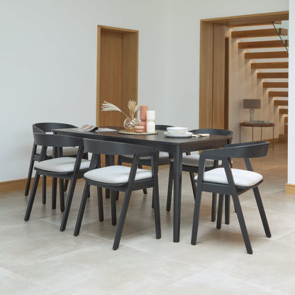 Paul Black Oak Extending Dining Table Set - 6 Seater -  Ella Fawn Linen Carver Chairs - Black Oak Legs - Laura James