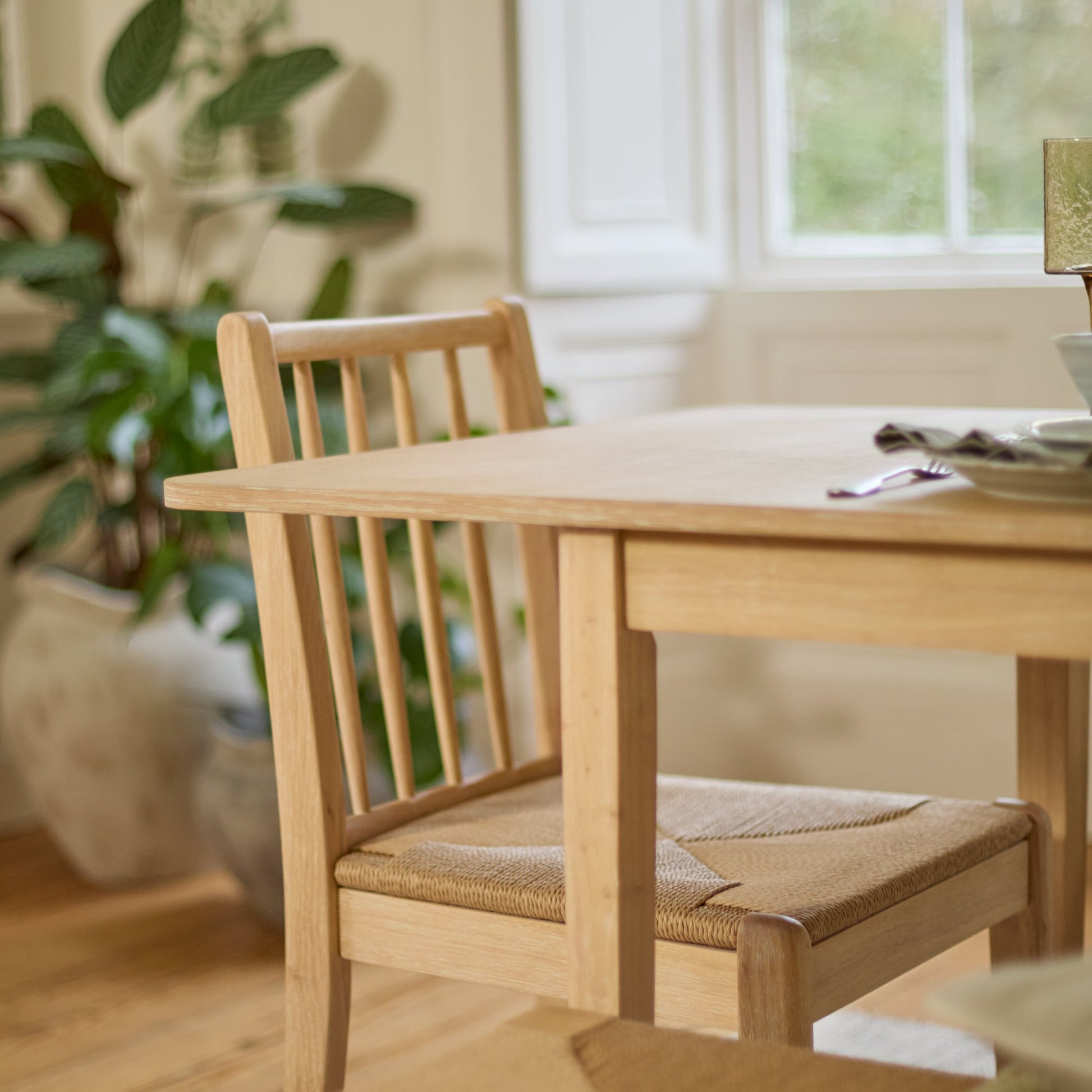 Paul 160-220cm Whitewash Oak Extending Dining Table Set - 6 Seater - 2 Tilly Wood String Dining Chair with 2 Tilly Wood String Dining Bench - Laura James 