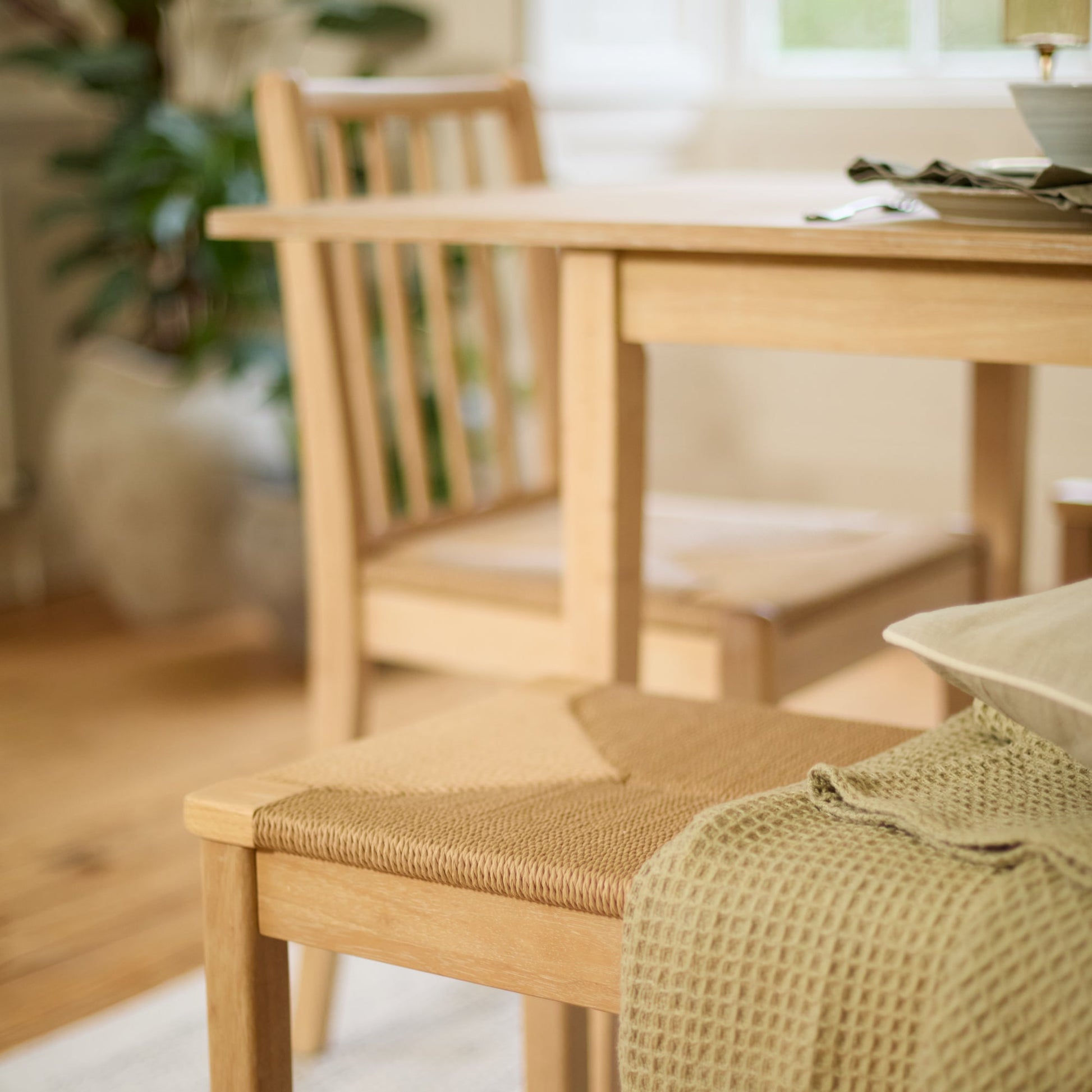 Paul 160-220cm Whitewash Oak Extending Dining Table Set - 6 Seater - 4 Tilly Wood String Dining Chair with 1 Tilly Wood String Dining Bench - Laura James 
