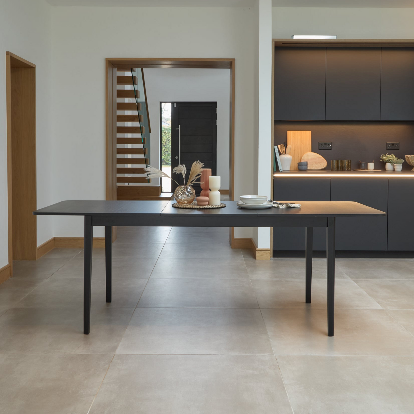 Paul Black Oak Extending Dining Table Set - 6 Seater - Ella Off White Boucle Carver Chairs - Black Oak Legs