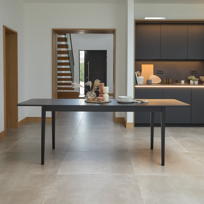 Paul Black Oak Extending Dining Table Set - 6 Seater - Ella Off White Boucle Carver Chairs - Black Oak Legs