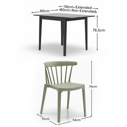 Paul Black Oak Extending Dining Table Set - 4 Seater - Agatha Olive Green Dining Chairs - Laura James 