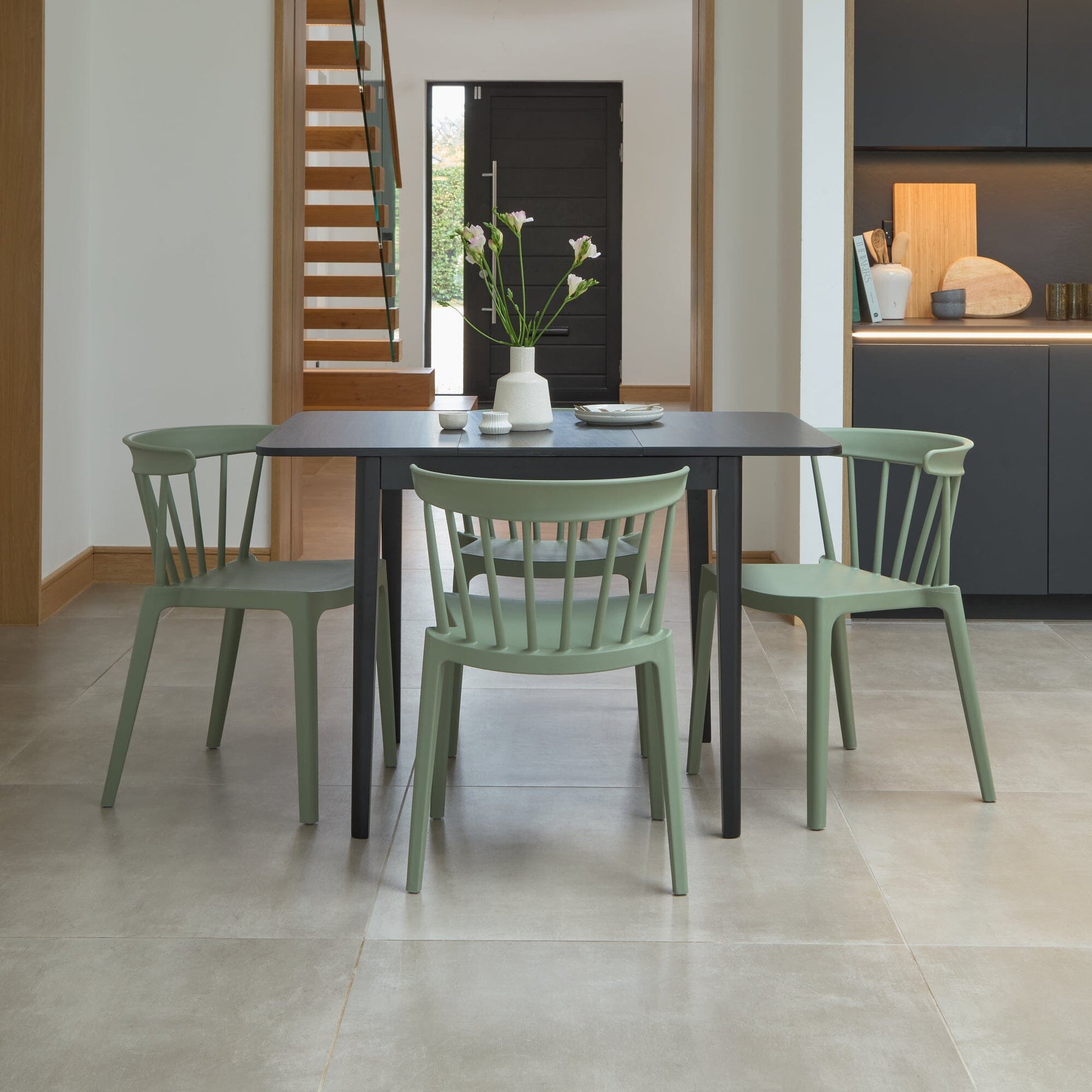 Paul Black Oak Extending Dining Table Set - 4 Seater - Agatha Olive Green Dining Chairs - Laura James