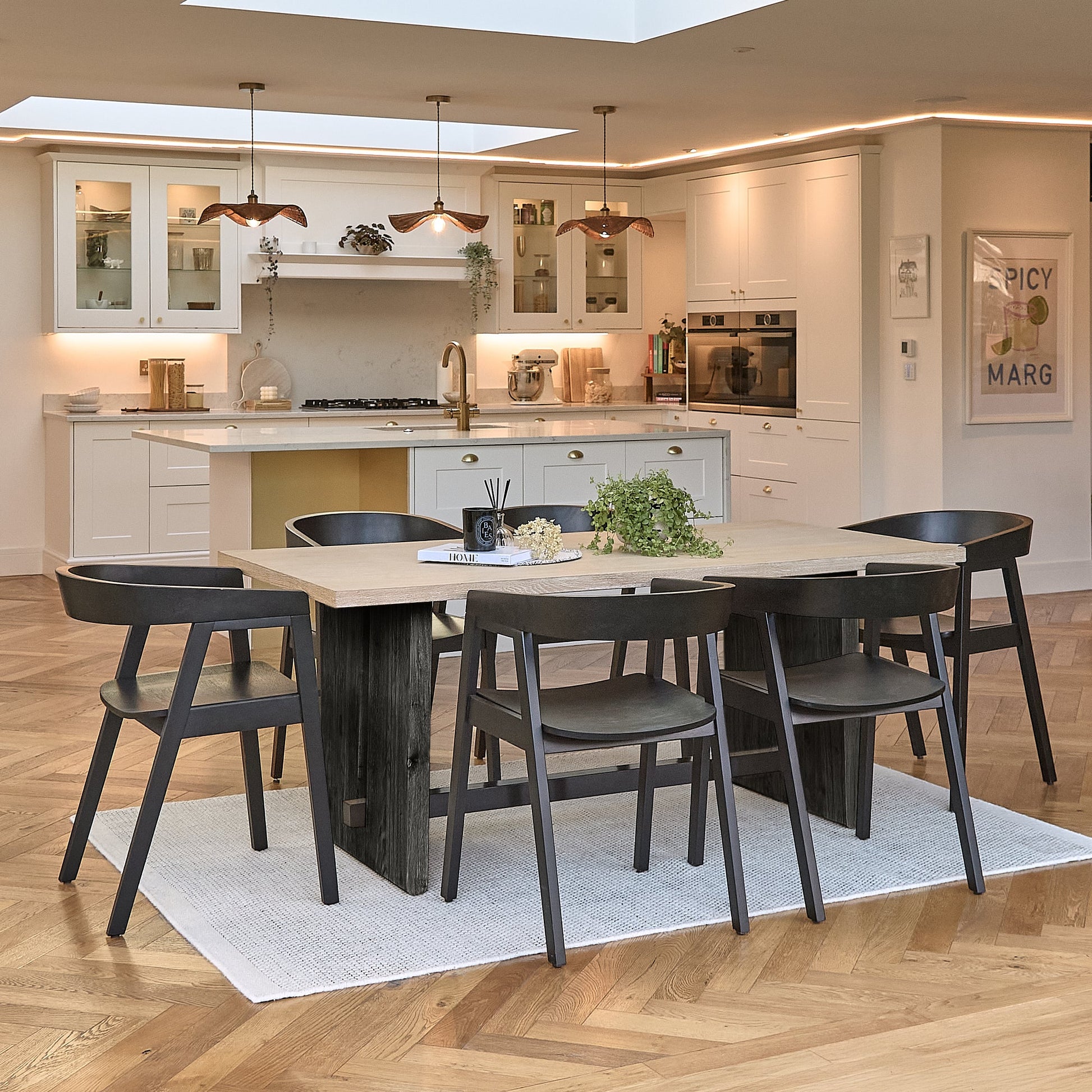Priya Whitewash Rectangular Dining Table Set  -  6 -  Ella Wooden Chairs with Black Legs - Laura James 