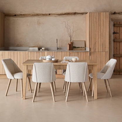 Raleigh Whitewash Oak Rectangular Dining Table Set - 6 Seater - Freya Oat Boucle Dining Chairs - Whitewash Oak Legs - Laura James 