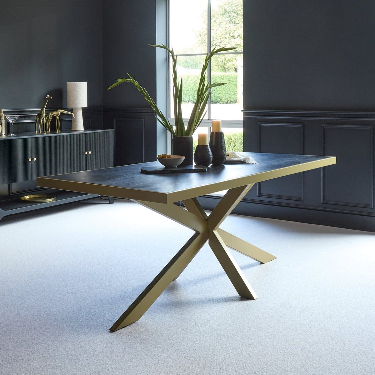 Rayna Black Dining Table Set - 6 Seater - Lola Black Dining Chairs - Gold Metal Legs