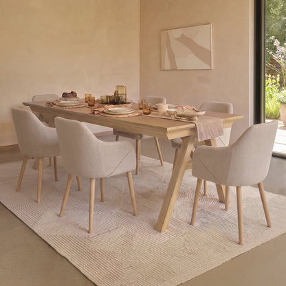 Sabina 160-240cm Pale Oak Extending Dining Table Set - 6 Seater - Freya Sand Dining Armchairs - Pale Oak Legs - Laura James 