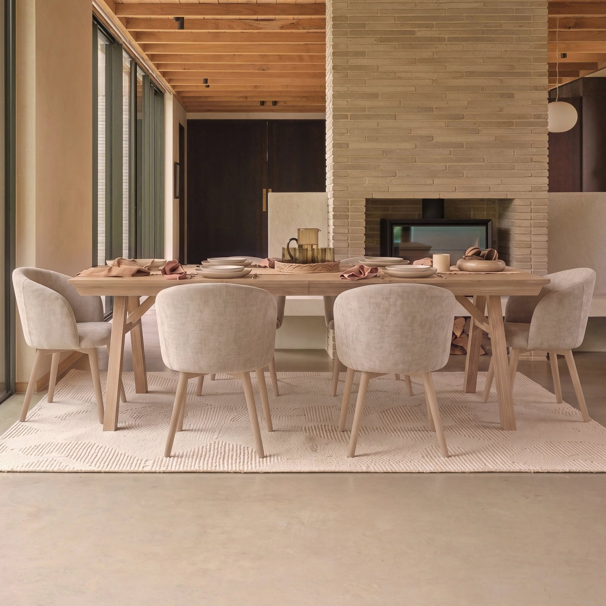 Sabina 160-240cm Whitewash Oak Extending Dining Table Set - 6 Seater - Archer Soft Beige Dining Chairs - Whitewash Legs