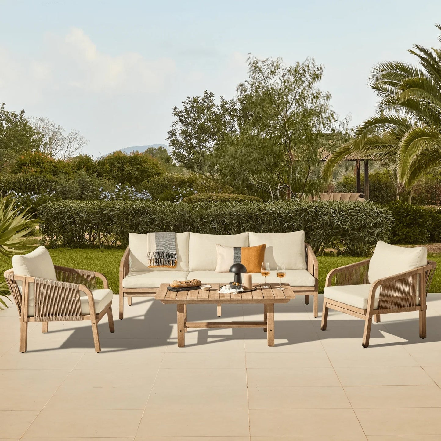 Shiro 3 Seater Whitewash Sofa Set with Shiro Occasional Armchairs and Rectangular Coffee Table - Laura James 