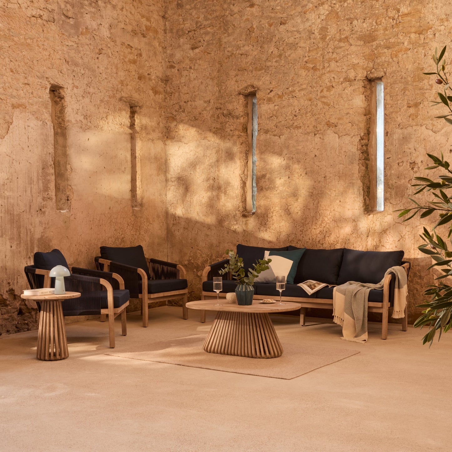 Shiro Wooden Garden Set with 3 Seater Sofa - 2 Shiro Navy Armchairs - Willow Coffee & Side Table
