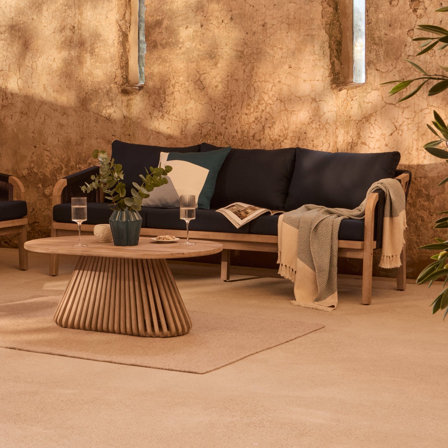 Shiro Wooden Garden Set with 3 Seater Sofa - 2 Shiro Navy Armchairs - Willow Coffee & Side Table