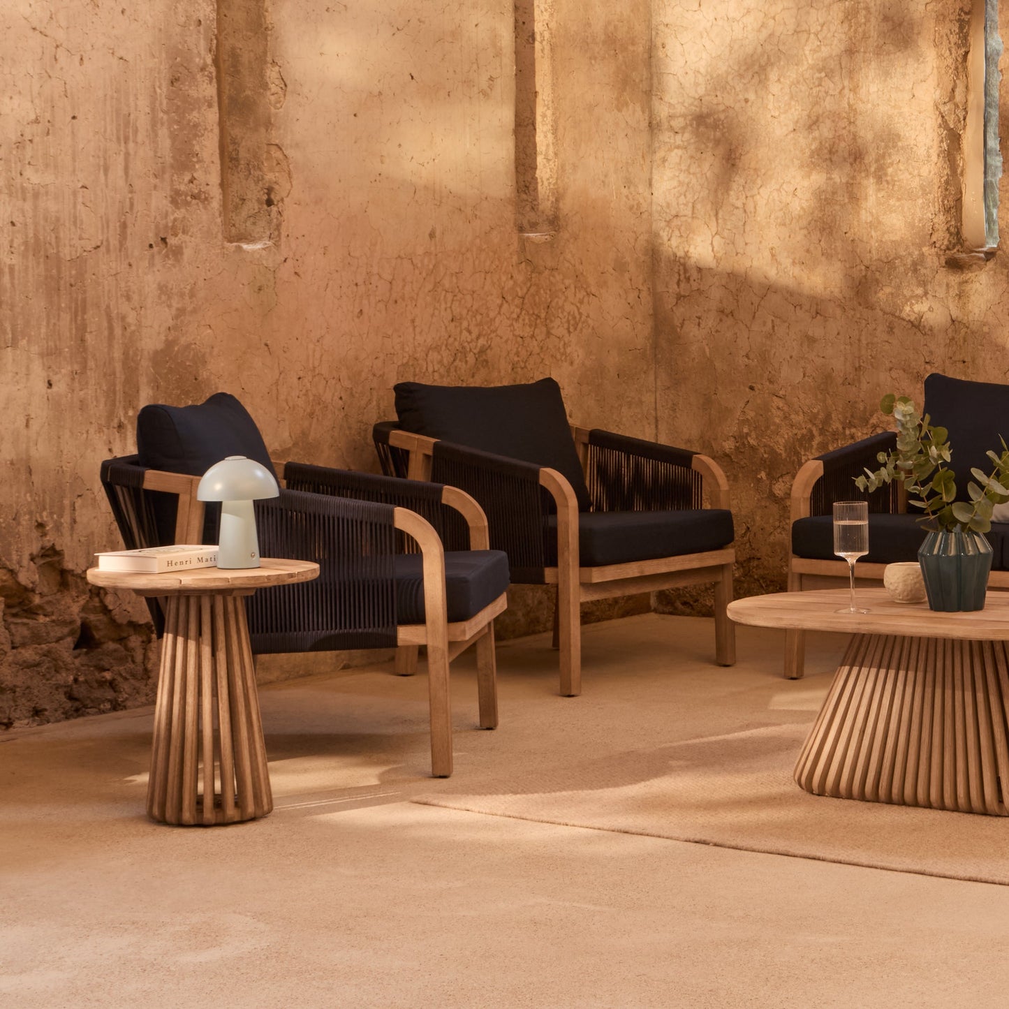 Shiro Wooden Garden Set with 3 Seater Sofa - 2 Shiro Navy Armchairs - Willow Coffee & Side Table