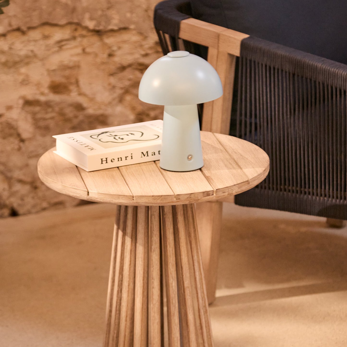 Shiro Wooden Garden Set with 3 Seater Sofa - 2 Shiro Navy Armchairs - Willow Coffee & Side Table