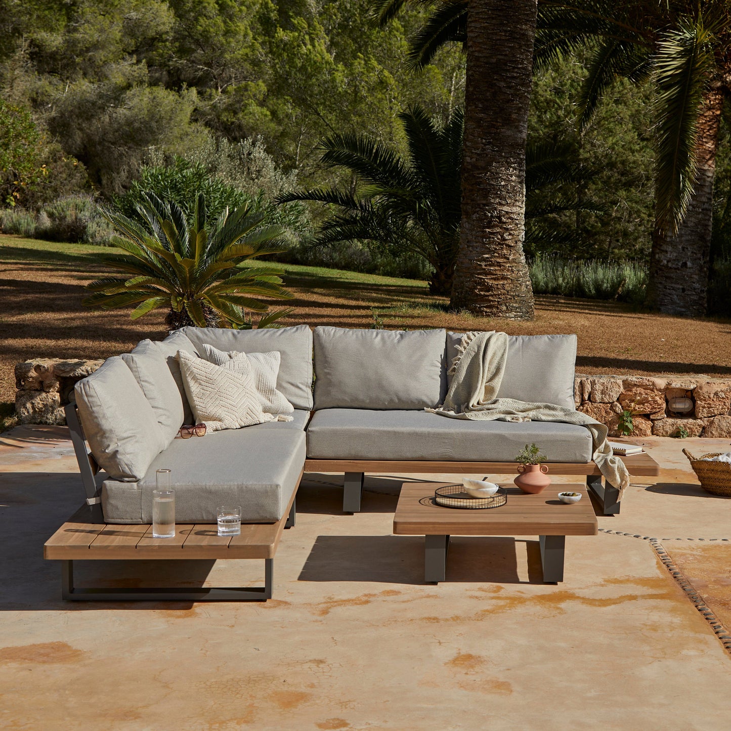 Shiva Stone Garden Corner Sofa Set with Grey Premium LED Parasol - Laura James