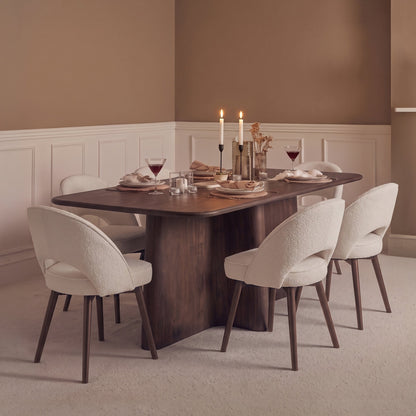 Bastian 220cm Coffee Brown Mango Wood Dining Table Set - 6 Seater - Marilyn Light Beige Boucle Dining Chairs -  Coffee Brown Mango Wood Legs - Laura James