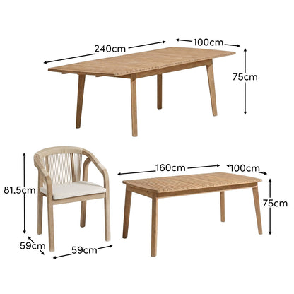 Saffron 6 Seater Extending Wooden Garden Dining Set with Shiro Beige Rope Chairs - Laura James
