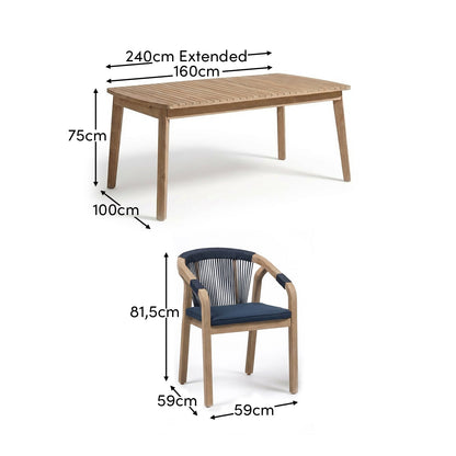 Saffron 6 Seater Extending Wooden Garden Dining Set with Shiro Navy Rope Chairs - Laura James