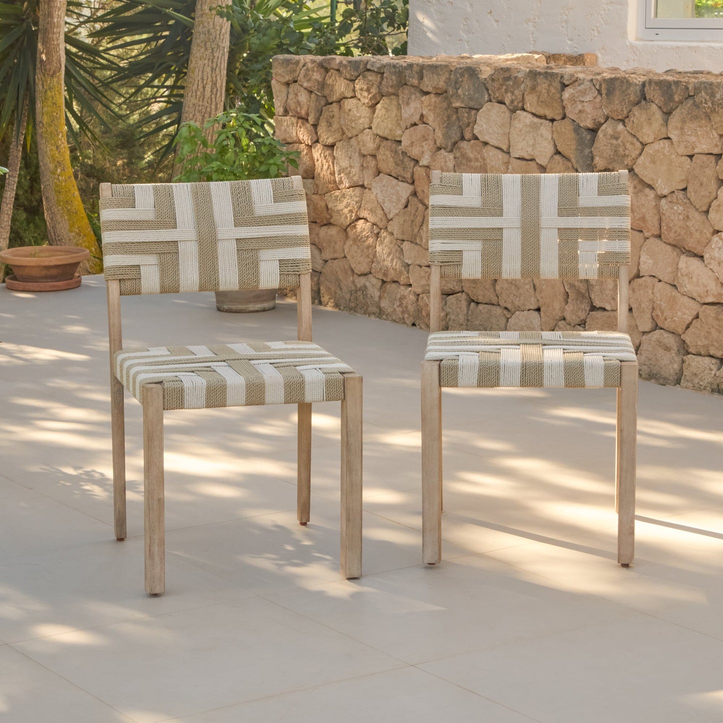 Saffron Brushed Light Acacia Garden Chair - Set of 2 - Beige/Natural Rope
