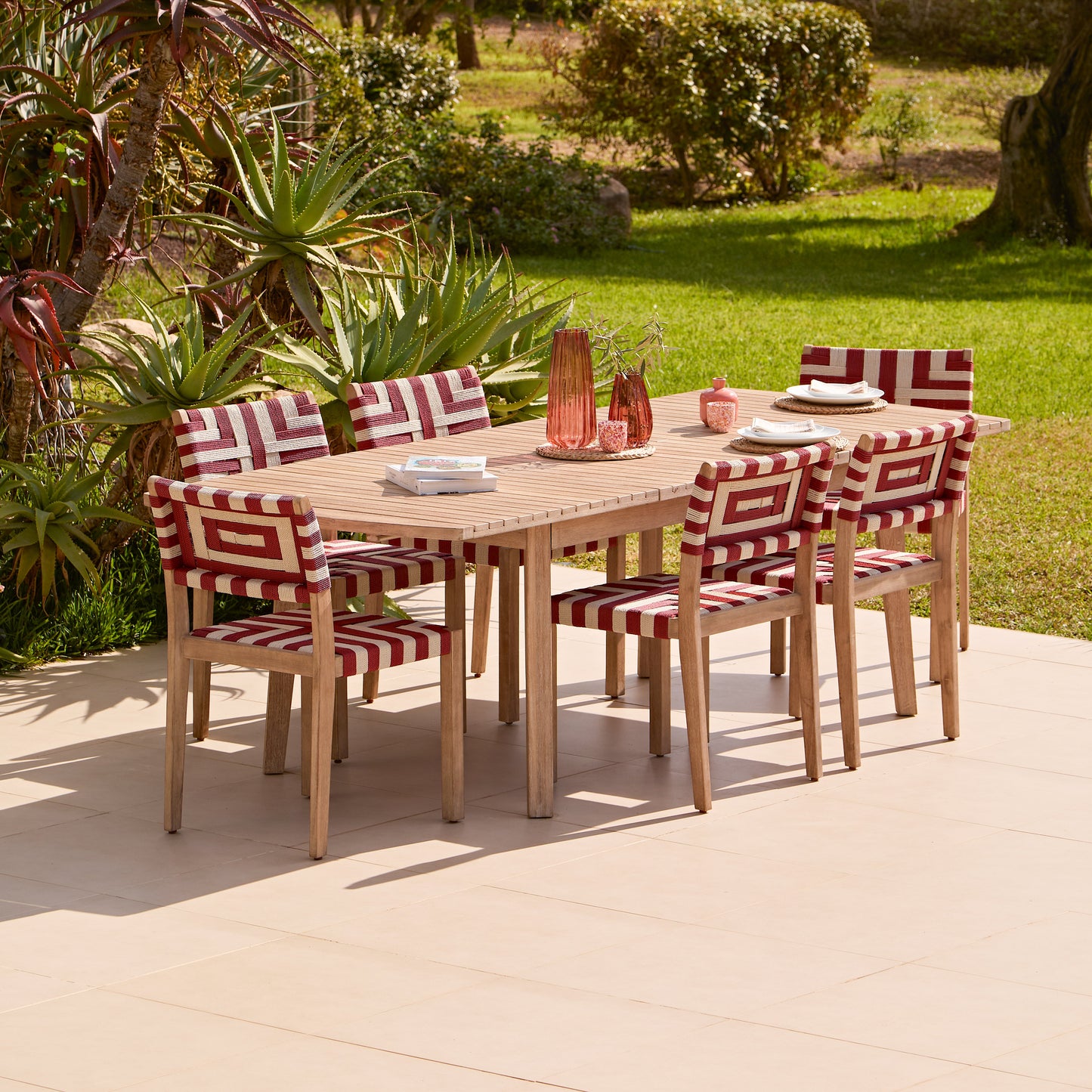 Saffron 6 Seater Extending Wooden Garden Dining Set with Saffron Paprika/Beige Chairs - Laura James