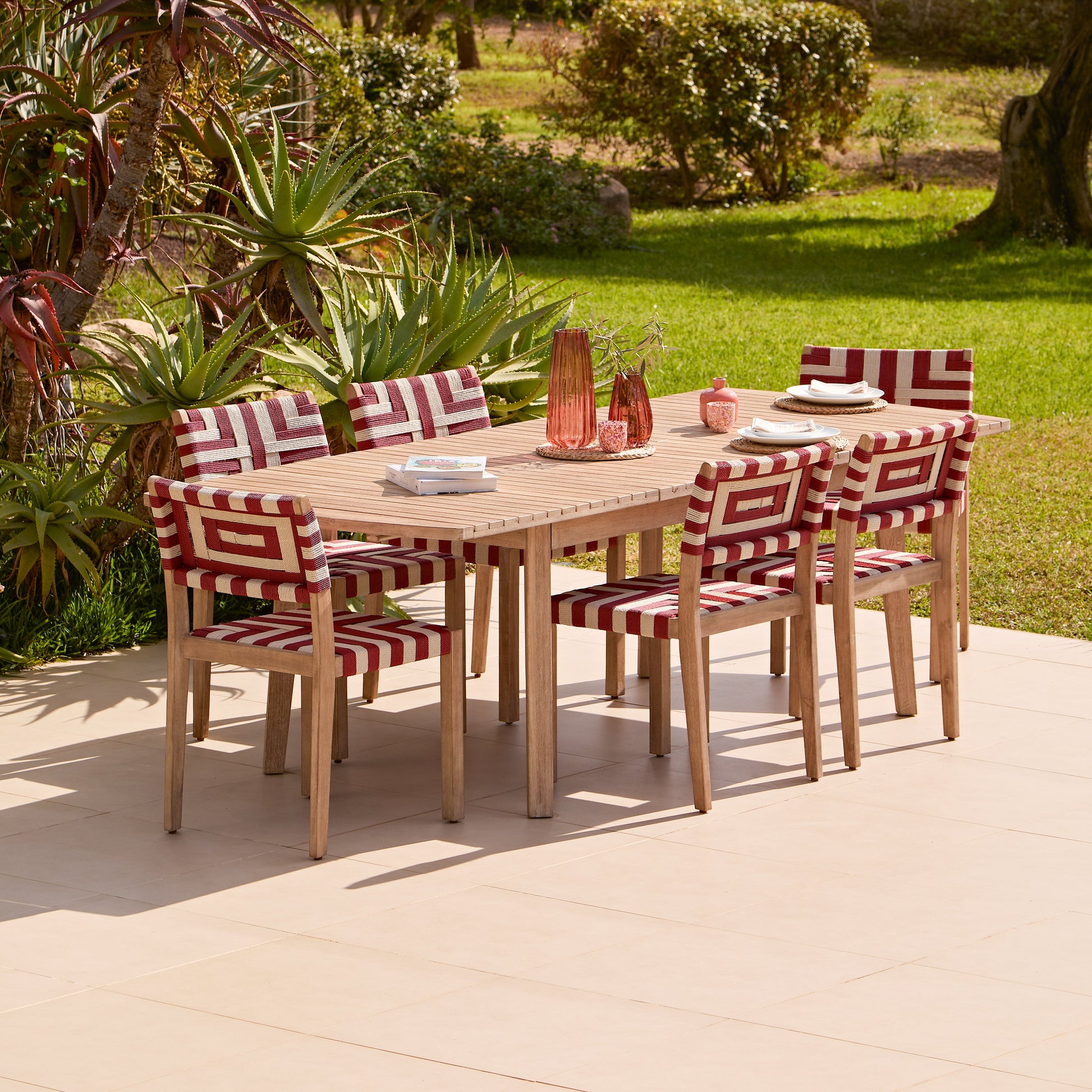 Saffron 6 Seater Extending Wooden Garden Dining Set with Saffron Paprika/Beige Chairs - Laura James