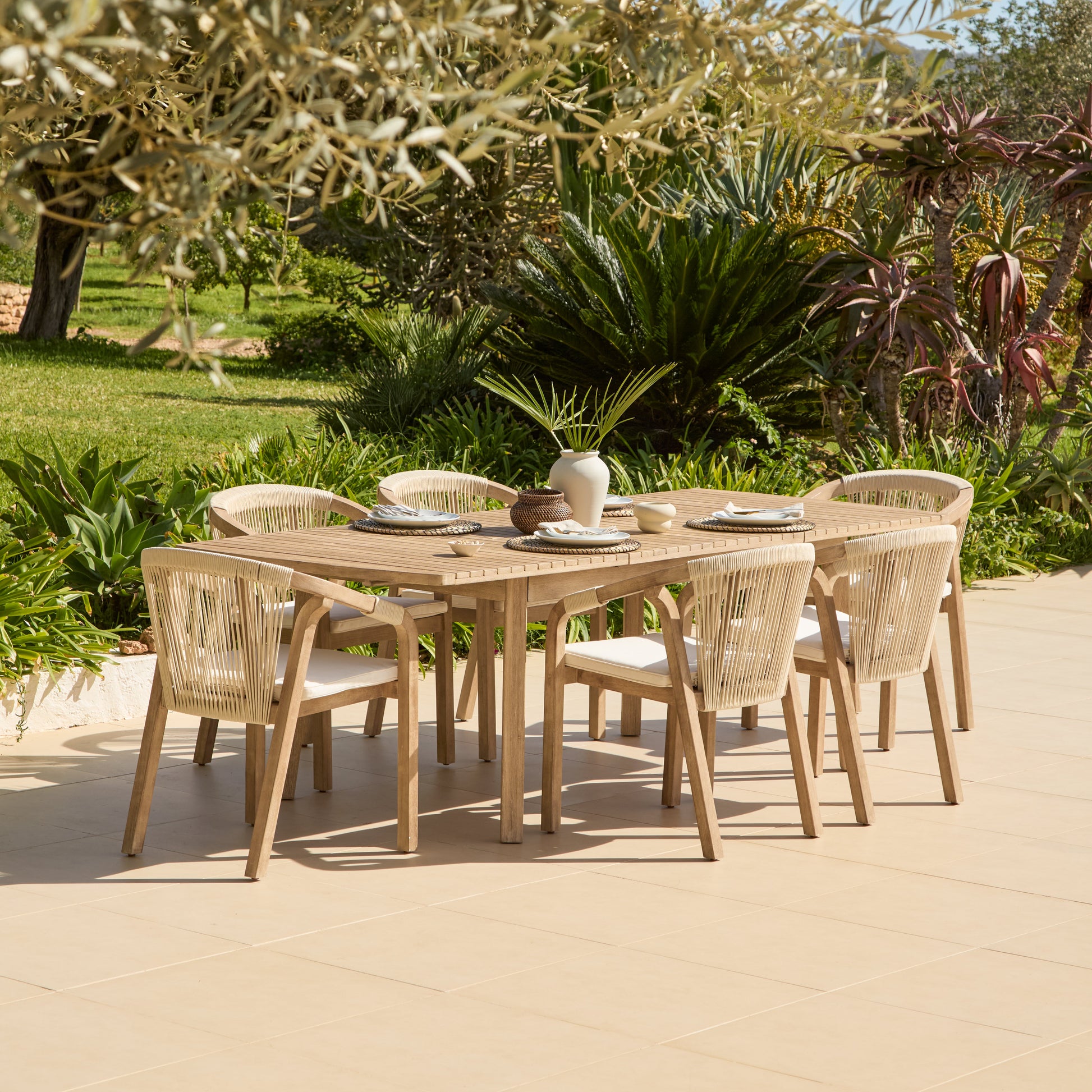 Saffron 6 Seater Extending Wooden Garden Dining Set with Shiro Beige Rope Chairs - Laura James