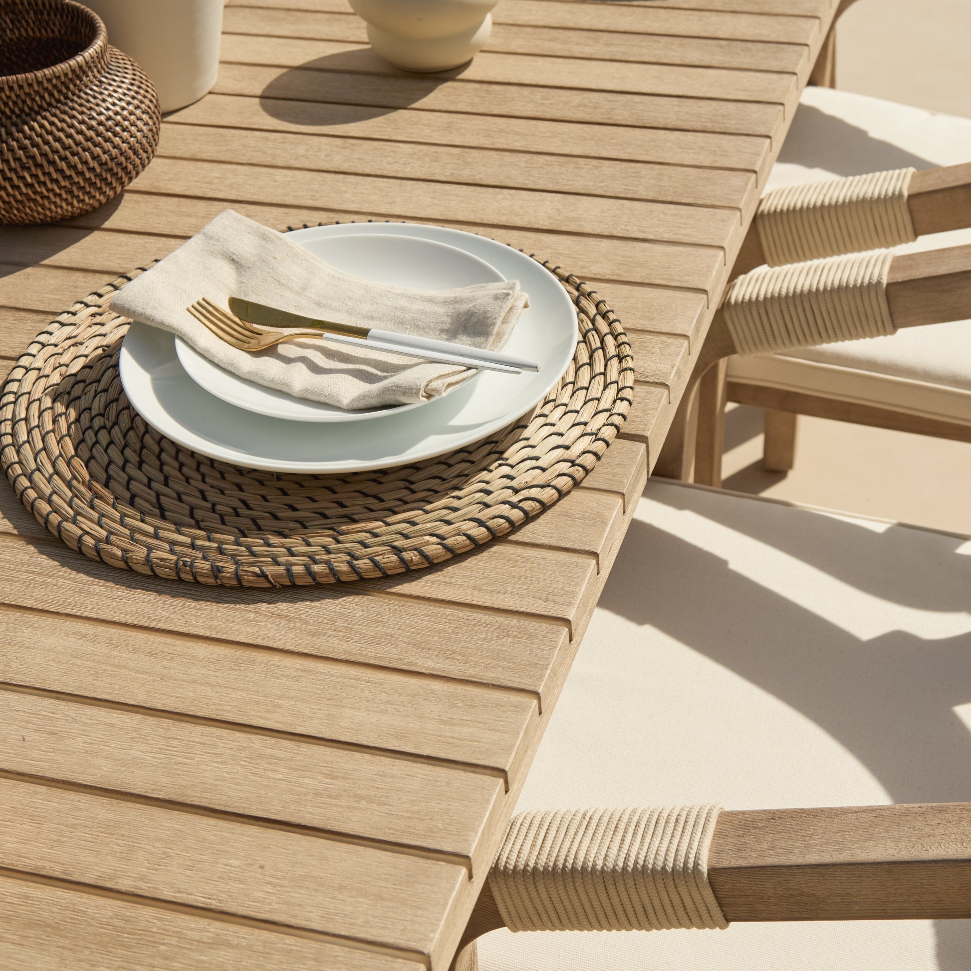 Saffron 6 Seater Extending Wooden Garden Dining Set with Shiro Beige Rope Chairs - Laura James