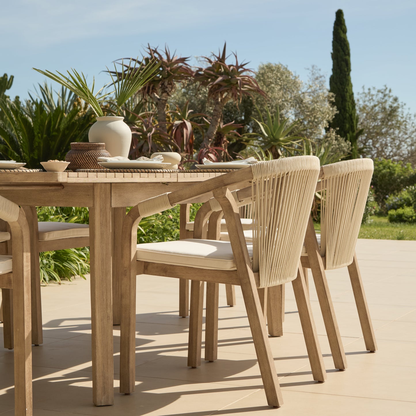 Saffron 6 Seater Extending Wooden Garden Dining Set with Shiro Beige Rope Chairs - Laura James