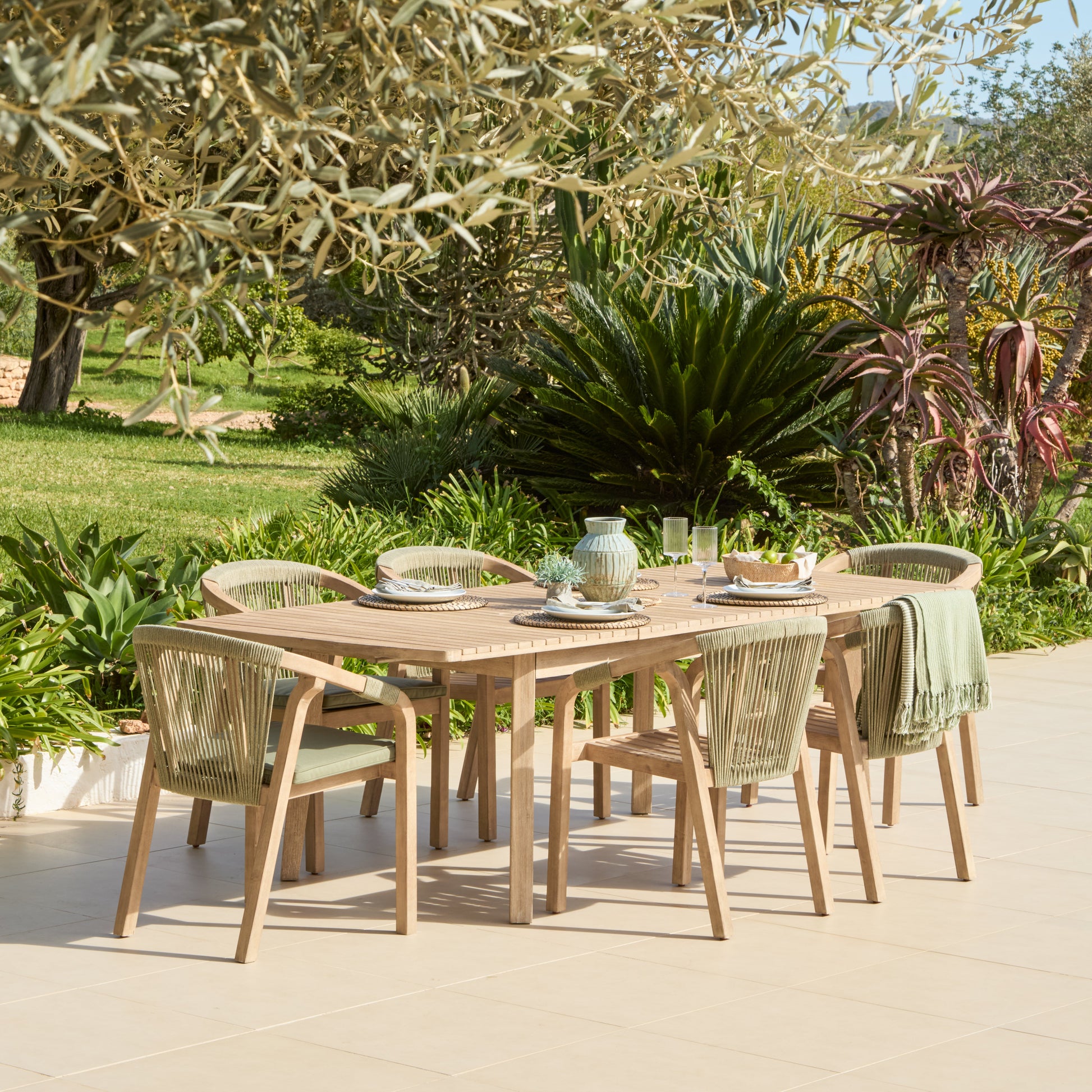 Saffron 6 Seater Extending Wooden Garden Dining Set with Shiro Green Rope Chairs - Laura James