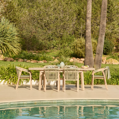 Saffron 6 Seater Extending Wooden Garden Dining Set with Shiro Green Rope Chairs - Laura James