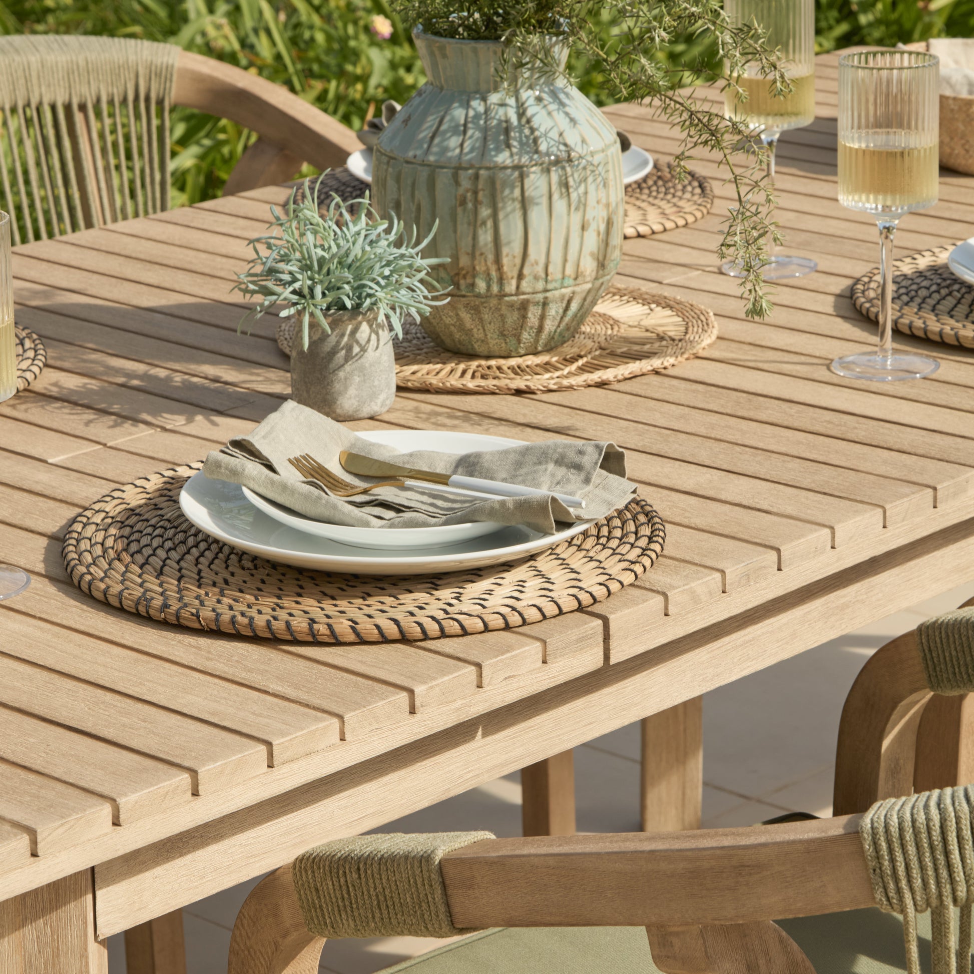 Saffron 6 Seater Extending Wooden Garden Dining Set with Shiro Green Rope Chairs - Laura James