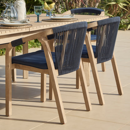 Saffron 6 Seater Extending Wooden Garden Dining Set with Shiro Navy Rope Chairs - Laura James