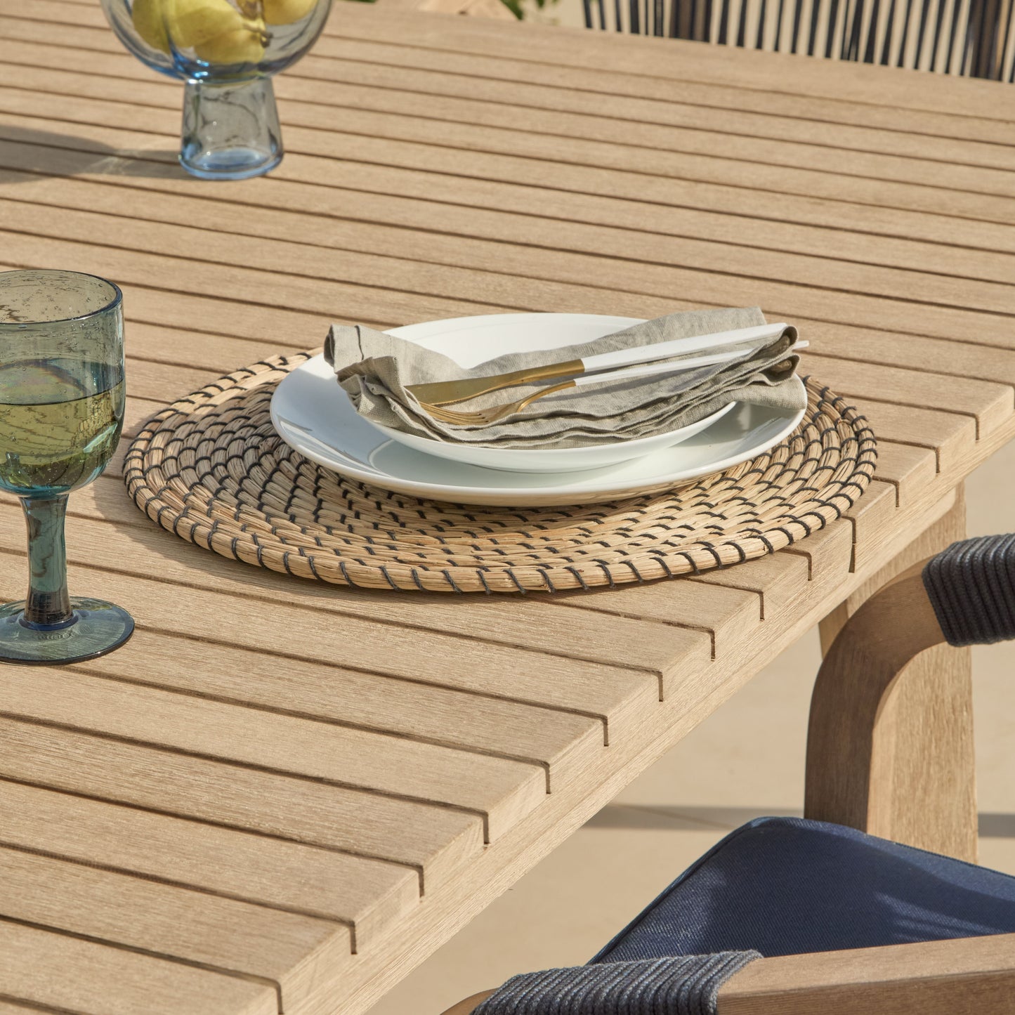 Saffron 6 Seater Extending Wooden Garden Dining Set with Shiro Navy Rope Chairs - Laura James