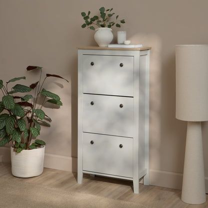 Sandhurst 60cm Three Door Shoe Cabinet - Snow White with Coastal Oak Top