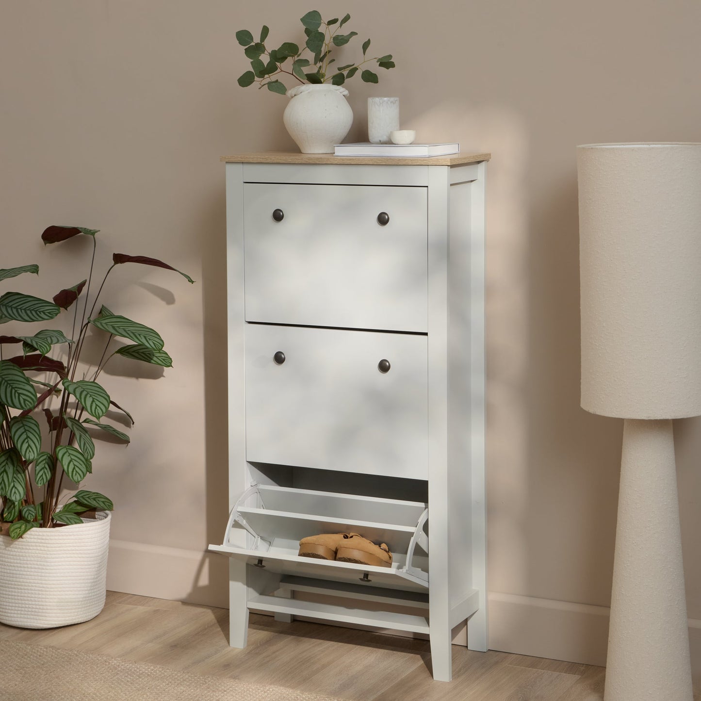 Sandhurst 60cm Three Door Shoe Cabinet - Snow White with Coastal Oak Top