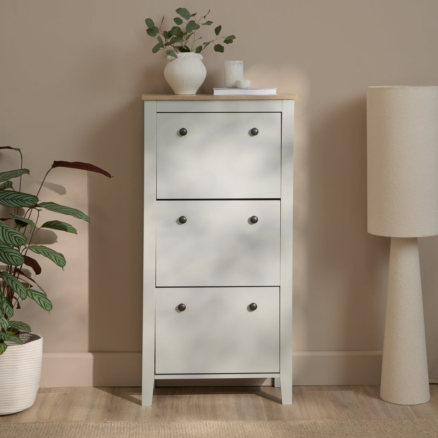 Sandhurst 60cm Three Door Shoe Cabinet - Snow White with Coastal Oak Top