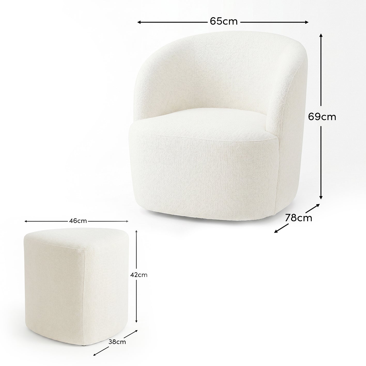 Sawyer 68cm Swivel Armchair & Alder 45cm Footstool - Oyster White - Laura James