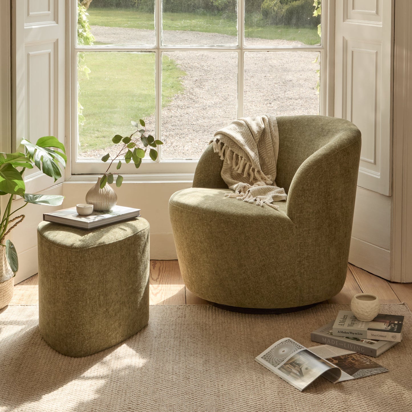 Sawyer 68cm Swivel Armchair & Alder 45cm Footstool - Moss Green - Laura James
