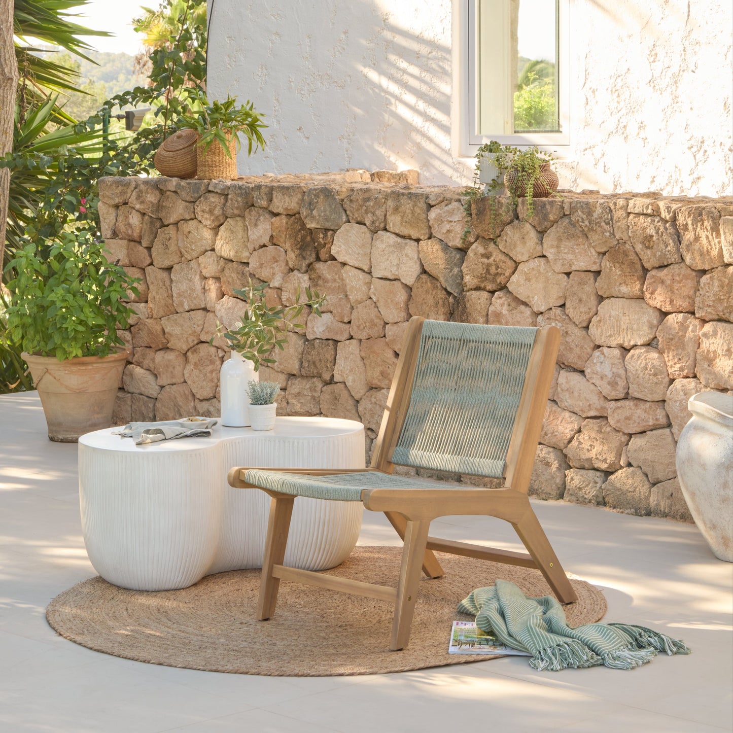 Seren White Acacia Occasional Garden Chair - Mottled Green Rope - Laura James