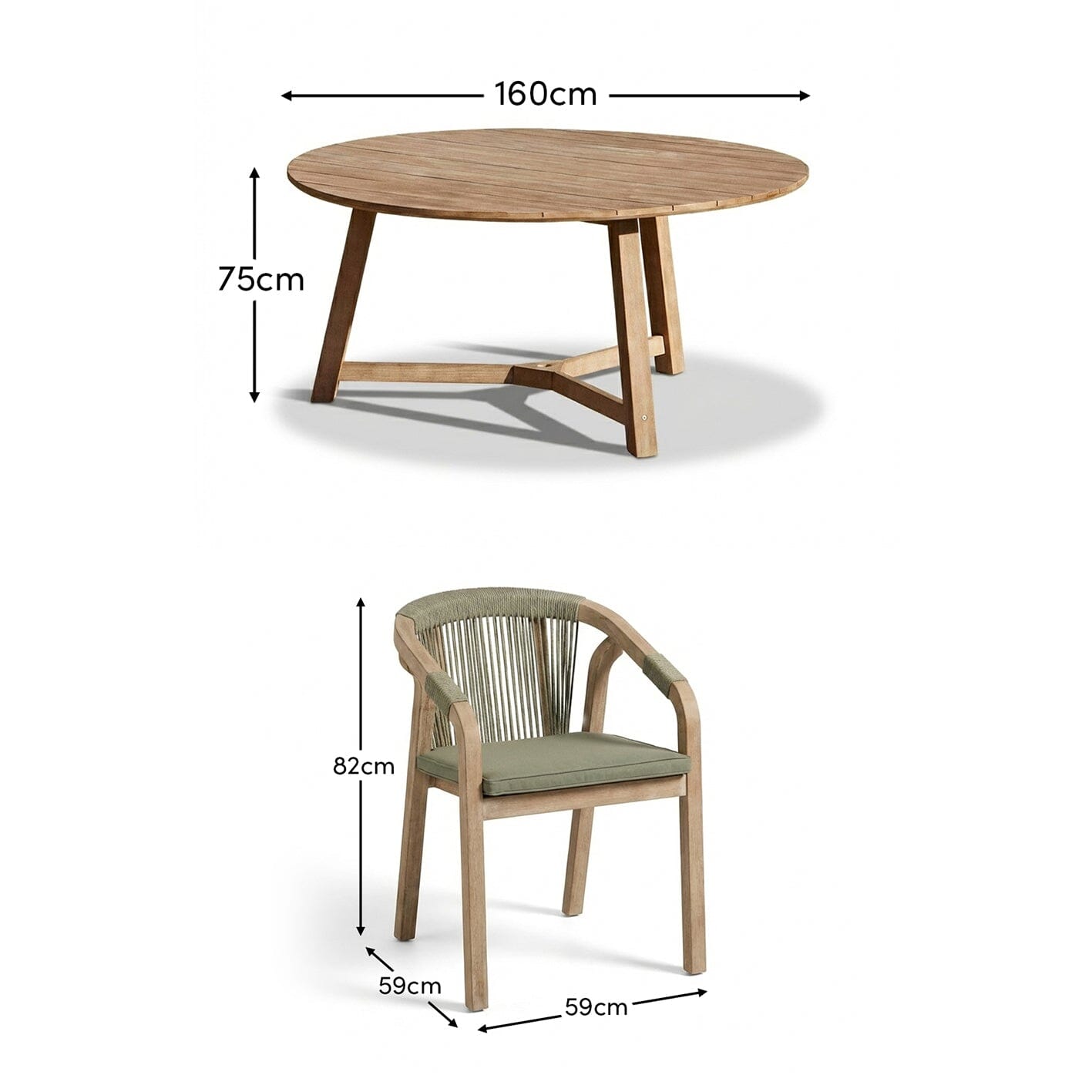 Shiro 6 Seater Round Wooden Garden Dining Set with Shiro Green Rope Dining Chairs - 160cm - Laura James