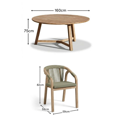 Shiro 6 Seater Round Wooden Garden Dining Set with Shiro Green Rope Dining Chairs - 160cm - Laura James