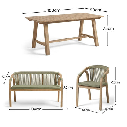 Shiro 6 Seater Wooden Garden Dining Set with Shiro Green Rope Chairs & Bench - 180cm - Laura James